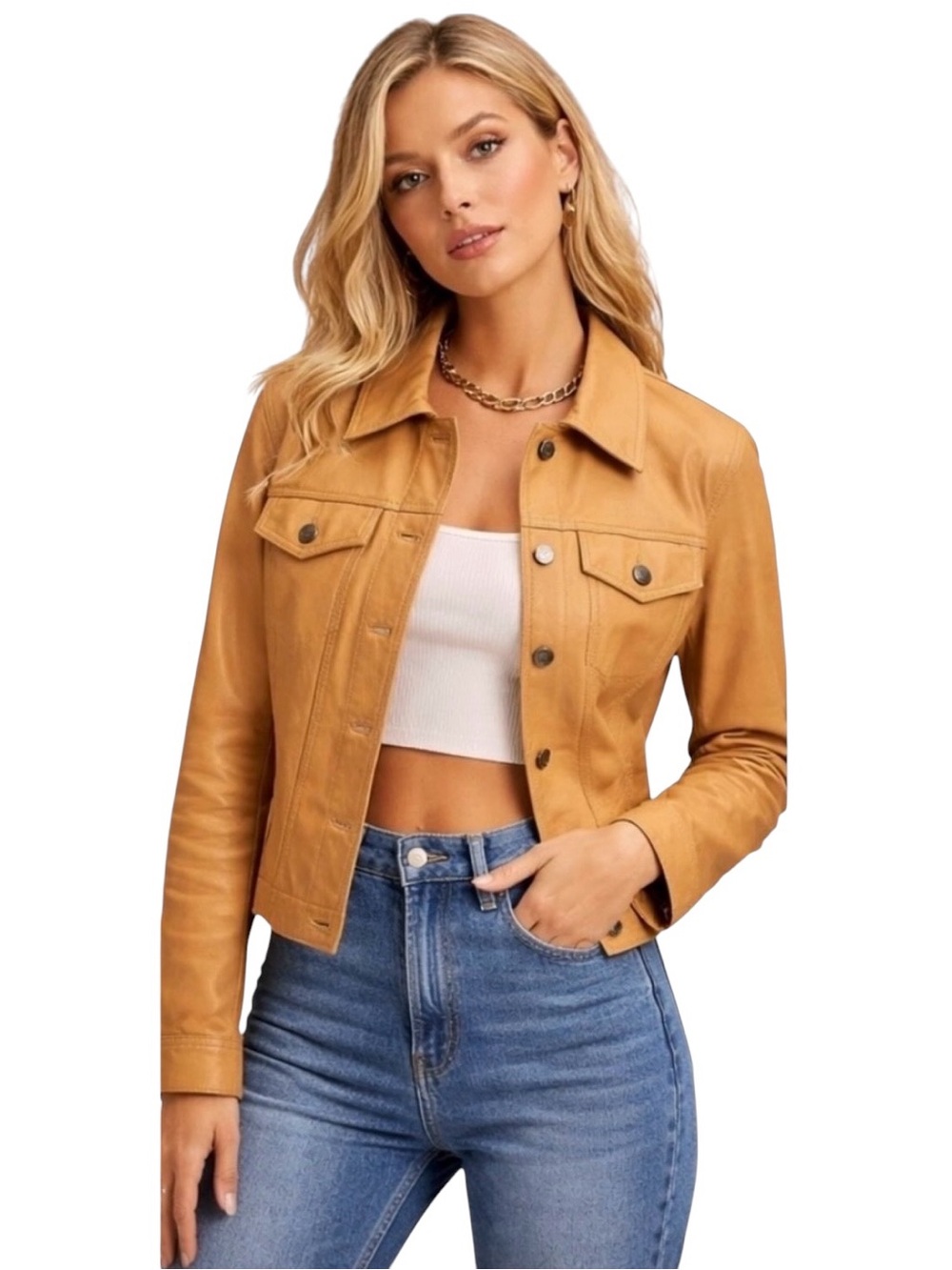 Rubbish Genuine Leather Jacket Tan Button Front Utility Moto Women’s Size Large
